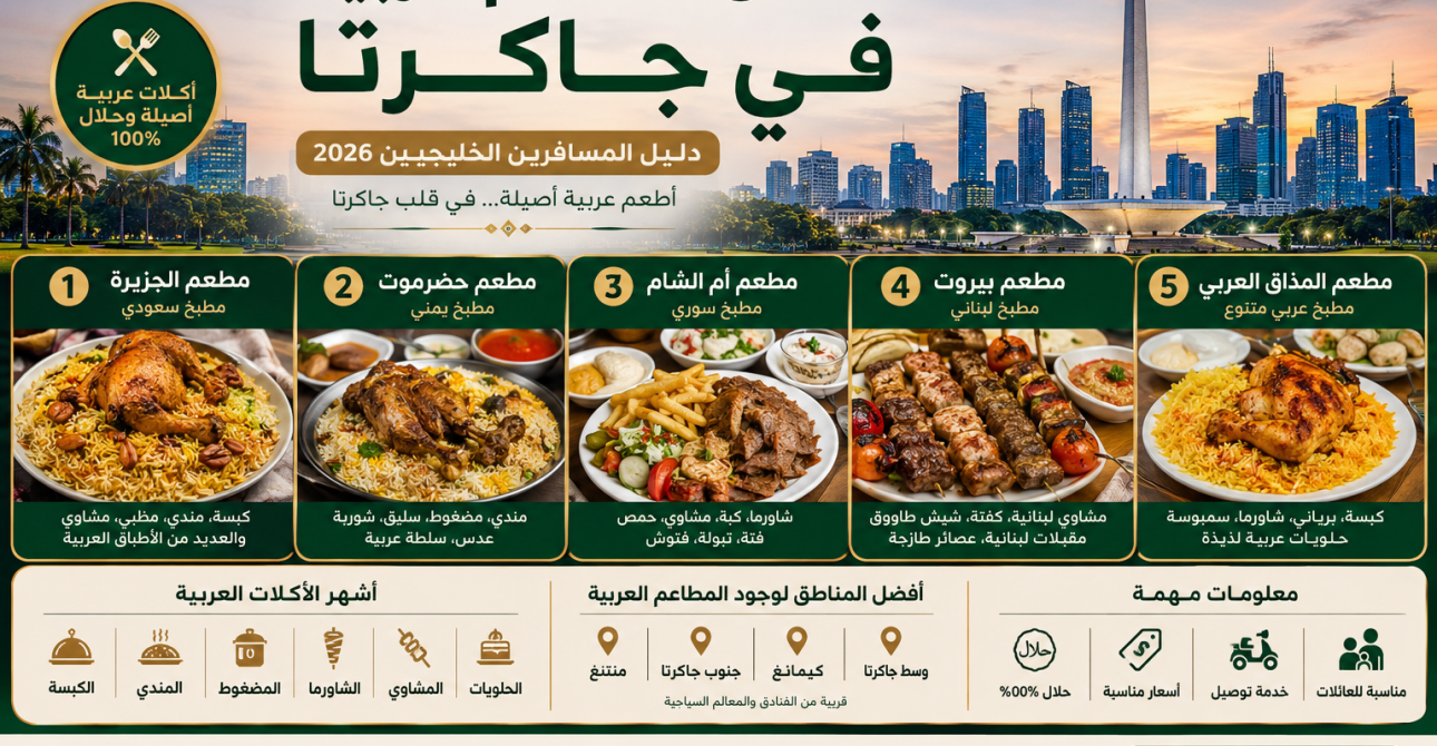 أفضل مطاعم عربية في جاكرتا 2026 | دليل مطاعم عربية جاكرتا للمسافرين الخليجيين